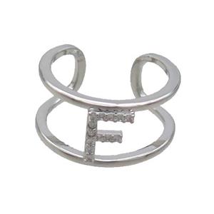 Copper Ring Pave Zircon F-Letter Platinum Plated, approx 10mm, 18mm dia