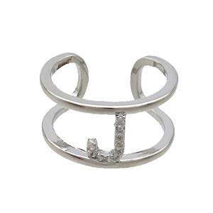 Copper Ring Pave Zircon J-Letter Platinum Plated, approx 10mm, 18mm dia