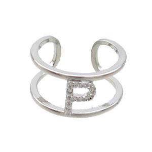Copper Ring Pave Zircon P-Letter Platinum Plated, approx 10mm, 18mm dia