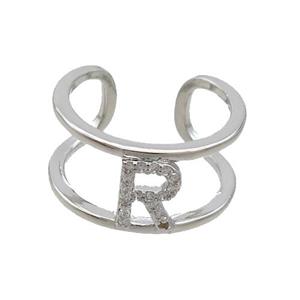Copper Ring Pave Zircon R-Letter Platinum Plated, approx 10mm, 18mm dia