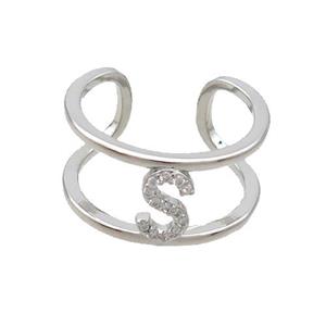 Copper Ring Pave Zircon S-Letter Platinum Plated, approx 10mm, 18mm dia