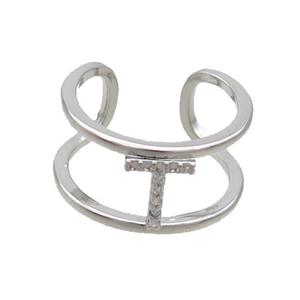 Copper Ring Pave Zircon T-Letter Platinum Plated, approx 10mm, 18mm dia