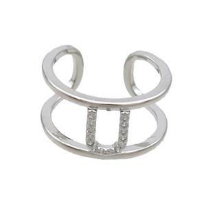 Copper Ring Pave Zircon U-Letter Platinum Plated, approx 10mm, 18mm dia