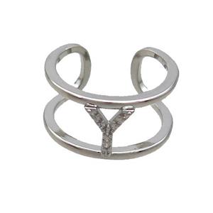 Copper Ring Pave Zircon Y-Letter Platinum Plated, approx 10mm, 18mm dia