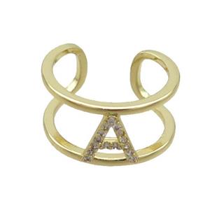 Copper Ring Pave Zircon A-Letter Gold Plated, approx 10mm, 18mm dia