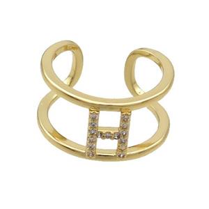 Copper Ring Pave Zircon H-Letter Gold Plated, approx 10mm, 18mm dia