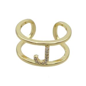 Copper Ring Pave Zircon J-Letter Gold Plated, approx 10mm, 18mm dia