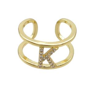 Copper Ring Pave Zircon K-Letter Gold Plated, approx 10mm, 18mm dia
