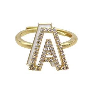 Copper Ring Pave Zircon A-Letter Adjustable White Enamel Gold Plated, approx 10-14mm, 18mm dia