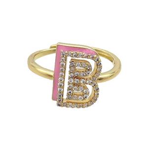 Copper Ring Pave Zircon B-Letter Adjustable Pink Enamel Gold Plated, approx 10-14mm, 18mm dia