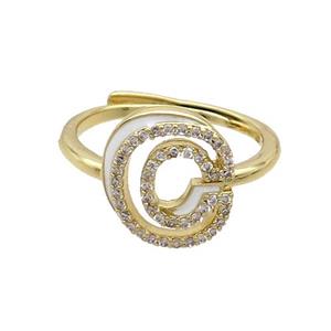 Copper Ring Pave Zircon C-Letter Adjustable White Enamel Gold Plated, approx 10-14mm, 18mm dia