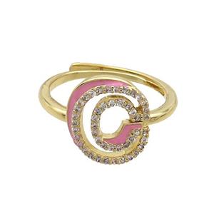 Copper Ring Pave Zircon C-Letter Adjustable Enamel Gold Plated, approx 10-14mm, 18mm dia