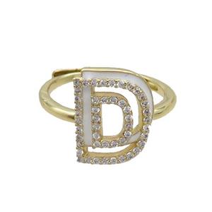 Copper Ring Pave Zircon D-Letter Adjustable Enamel Gold Plated, approx 10-14mm, 18mm dia