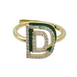 Copper Ring Pave Zircon D-Letter Adjustable Enamel Gold Plated, approx 10-14mm, 18mm dia