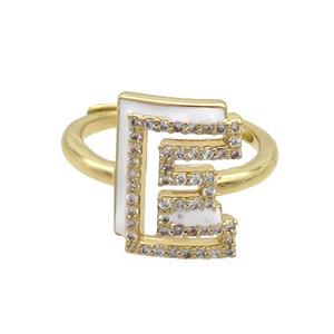 Copper Ring Pave Zircon E-Letter Adjustable Enamel Gold Plated, approx 10-14mm, 18mm dia
