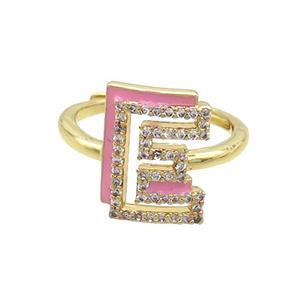Copper Ring Pave Zircon E-Letter Adjustable Enamel Gold Plated, approx 10-14mm, 18mm dia