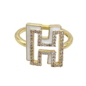 Copper Ring Pave Zircon H-Letter Adjustable Enamel Gold Plated, approx 10-14mm, 18mm dia