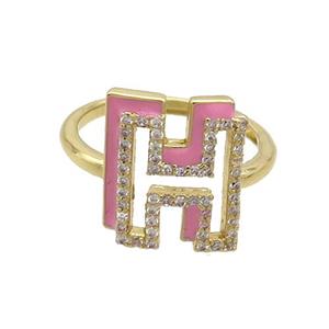 Copper Ring Pave Zircon H-Letter Adjustable Enamel Gold Plated, approx 10-14mm, 18mm dia