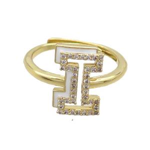 Copper Ring Pave Zircon I-Letter Adjustable Enamel Gold Plated, approx 10-14mm, 18mm dia