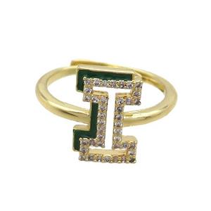 Copper Ring Pave Zircon I-Letter Adjustable Enamel Gold Plated, approx 10-14mm, 18mm dia