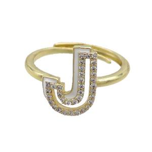 Copper Ring Pave Zircon J-Letter Adjustable Enamel Gold Plated, approx 10-14mm, 18mm dia