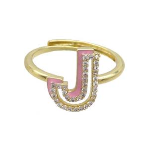 Copper Ring Pave Zircon J-Letter Adjustable Enamel Gold Plated, approx 10-14mm, 18mm dia