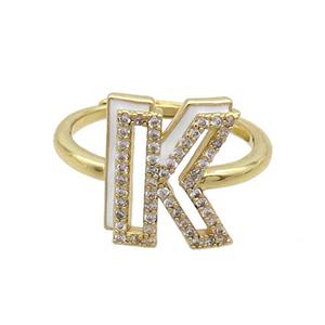 Copper Ring Pave Zircon K-Letter Adjustable Enamel Gold Plated, approx 10-14mm, 18mm dia