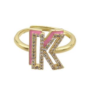 Copper Ring Pave Zircon K-Letter Adjustable Enamel Gold Plated, approx 10-14mm, 18mm dia