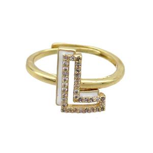 Copper Ring Pave Zircon L-Letter Adjustable Enamel Gold Plated, approx 10-14mm, 18mm dia