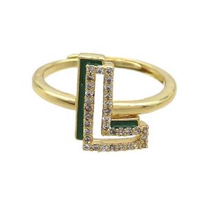 Copper Ring Pave Zircon L-Letter Adjustable Enamel Gold Plated, approx 10-14mm, 18mm dia