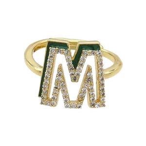 Copper Ring Pave Zircon M-Letter Adjustable Enamel Gold Plated, approx 10-14mm, 18mm dia