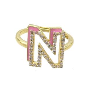 Copper Ring Pave Zircon N-Letter Adjustable Enamel Gold Plated, approx 10-14mm, 18mm dia