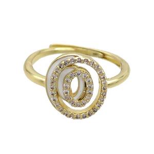 Copper Ring Pave Zircon O-Letter Adjustable Enamel Gold Plated, approx 10-14mm, 18mm dia