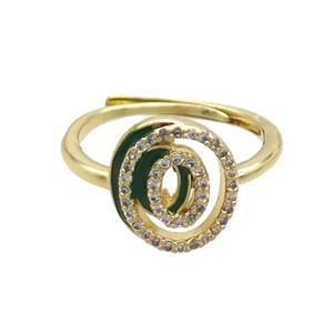 Copper Ring Pave Zircon O-Letter Adjustable Enamel Gold Plated, approx 10-14mm, 18mm dia