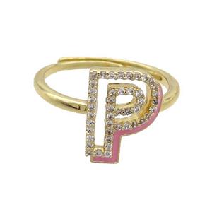 Copper Ring Pave Zircon P-Letter Adjustable Enamel Gold Plated, approx 10-14mm, 18mm dia