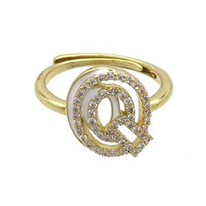 Copper Ring Pave Zircon Q-Letter Adjustable Enamel Gold Plated, approx 10-14mm, 18mm dia