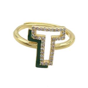 Copper Ring Pave Zircon T-Letter Adjustable Enamel Gold Plated, approx 10-14mm, 18mm dia