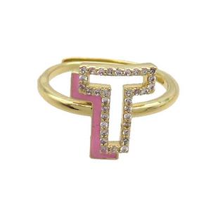 Copper Ring Pave Zircon T-Letter Adjustable Enamel Gold Plated, approx 10-14mm, 18mm dia
