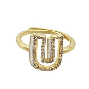 Copper Ring Pave Zircon U-Letter Adjustable Enamel Gold Plated, approx 10-14mm, 18mm dia