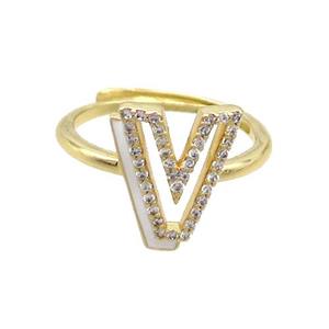Copper Ring Pave Zircon V-Letter Adjustable Enamel Gold Plated, approx 10-14mm, 18mm dia