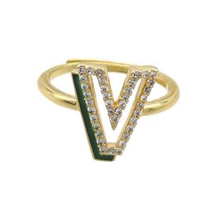 Copper Ring Pave Zircon V-Letter Adjustable Enamel Gold Plated, approx 10-14mm, 18mm dia