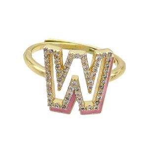 Copper Ring Pave Zircon W-Letter Adjustable Enamel Gold Plated, approx 10-14mm, 18mm dia