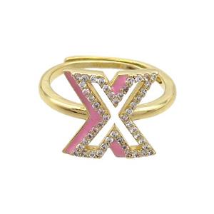 Copper Ring Pave Zircon X-Letter Adjustable Enamel Gold Plated, approx 10-14mm, 18mm dia