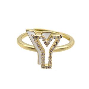 Copper Ring Pave Zircon Y-Letter Adjustable Enamel Gold Plated, approx 10-14mm, 18mm dia