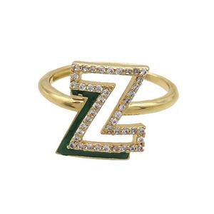 Copper Ring Pave Zircon Z-Letter Adjustable Enamel Gold Plated, approx 10-14mm, 18mm dia