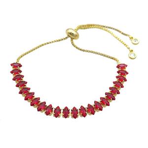 Copper Bracelet Pave Red Crystal Glass Adjustable Gold Plated, approx 3x6mm, 26cm length