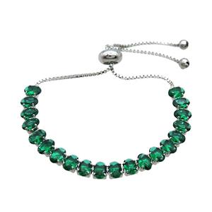 Copper Bracelet Pave Green Crystal Glass Adjustable Platinum Plated, approx 4x6mm, 26cm length
