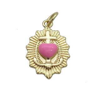 Copper Sacred Heart Of Jesus Charms Pendant Pink Enamel Religious Gold Plated, approx 13-18mm