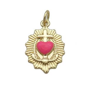 Copper Sacred Heart Of Jesus Charms Pendant Hotpink Enamel Religious Gold Plated, approx 13-18mm