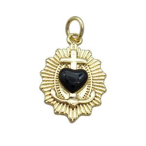 Copper Sacred Heart Of Jesus Charms Pendant Black Enamel Religious Gold Plated, approx 13-18mm